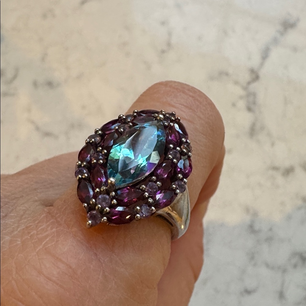 Vintage Sterling Silver, Ruby, Aquamarine and Pink Ice ring